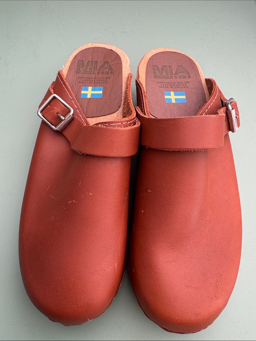 MIA light brown  rust color Leather  Buckle wooden Clogs-made in Sweden